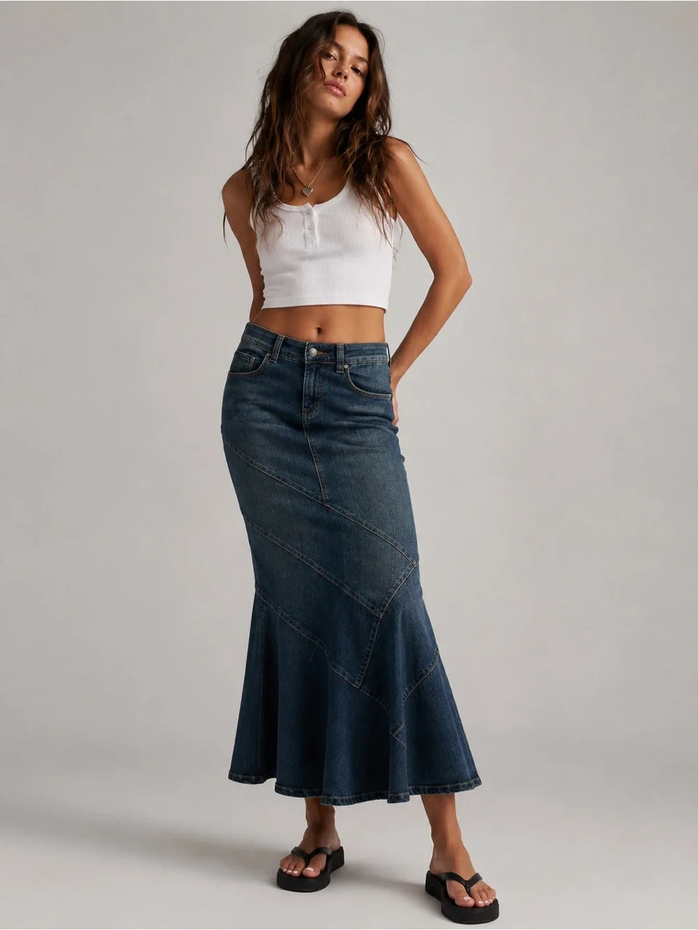 Vintage Y2K Hot Kiss Denim Maxi Jean Skirt Low Rise Mermaid Patchwork Stretch